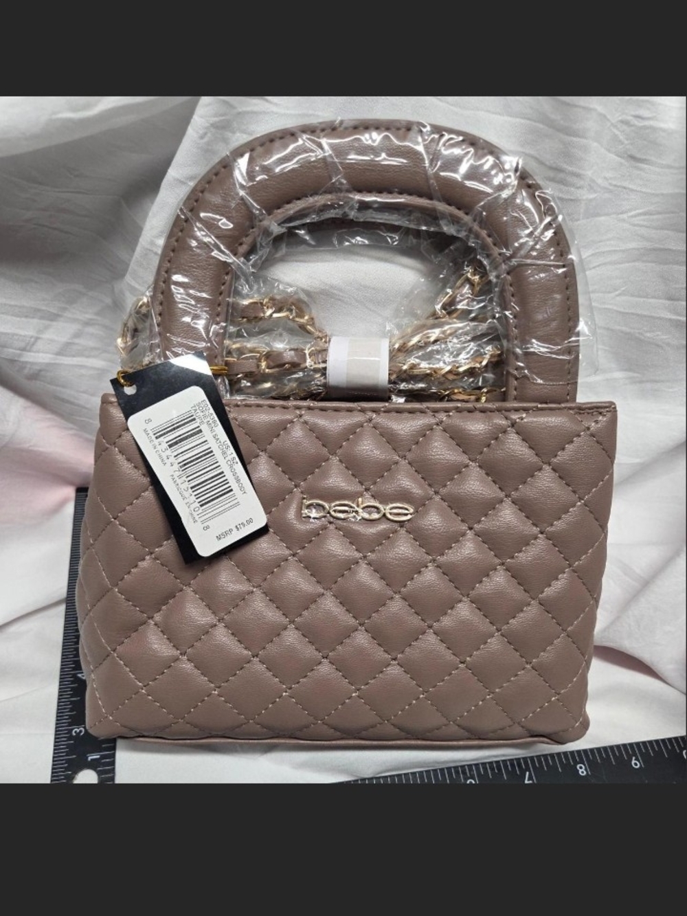 bebe Quilted Mini Top-Handle Bag in Taupe